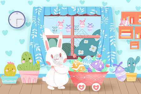 花盆家复活节在家看彩蛋的兔子插画