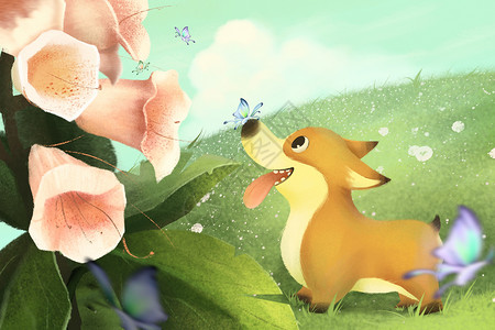 花朵和蝴蝶初夏花丛嬉戏的小狗插画