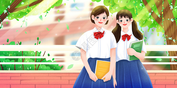 校服学生女孩高中生开学结伴去教室插画