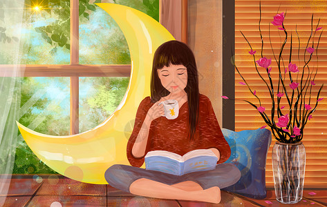 书咖啡花素材靠窗看书的女生插画