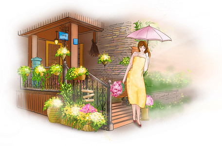 咖啡店门口初夏的花店下午插画