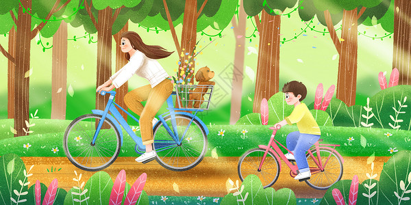 户外骑自行车假期男孩和妈妈在树林骑自行车插画
