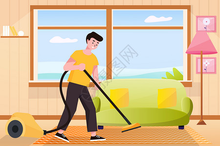 地毯清洁五一劳动节在家打扫卫生矢量插画插画