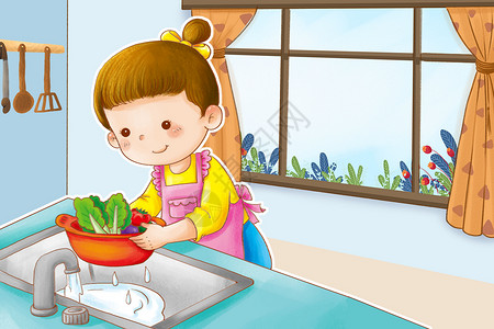 儿童洗碗劳动节洗菜插画