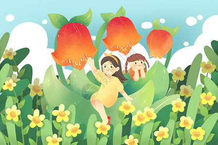 花丛中的女孩插画图片