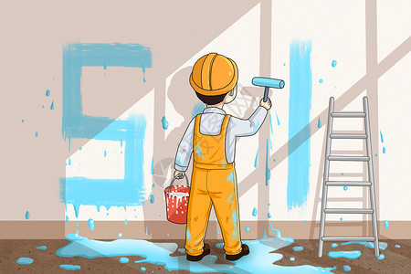 装修刷墙刷墙的工人插画