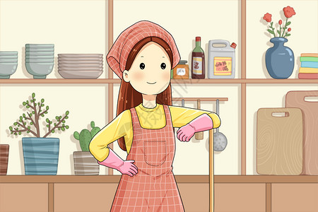 主妇厨房劳动节做家务插画