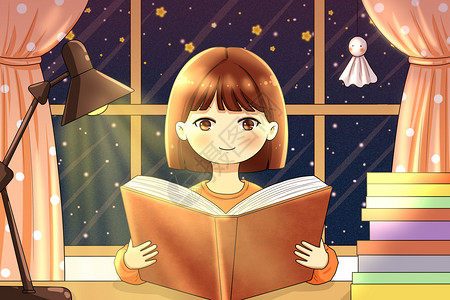 台灯晚上晚上看书的女孩插画