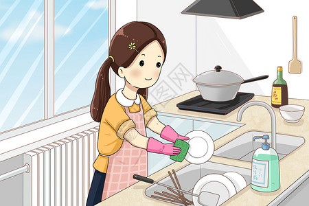 水槽洗碗机做家务的女孩插画
