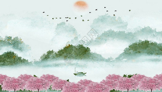 樱花水彩画中国风山水设计图片