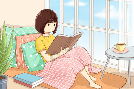 窗边学习坐在窗边看书的女孩插画