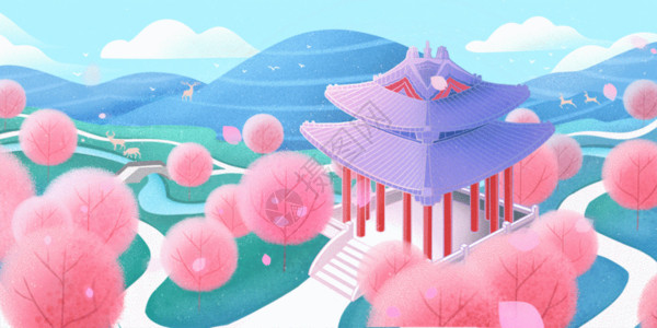 中国风建筑大门春天江南的桃花林GIF高清图片