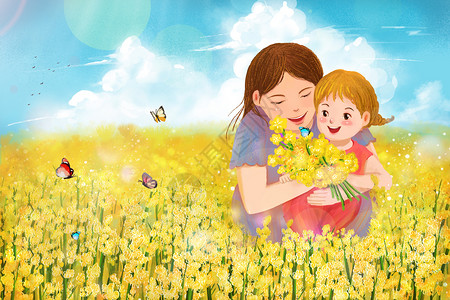 女儿奔向妈妈的怀抱花田里的母女插画