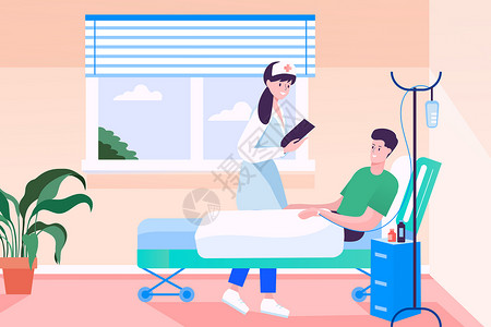 病人躺在病床死亡护士节护士在病房照顾病人矢量插画插画