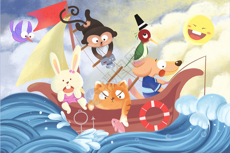 小海盗帆船夏季动物的海浪之旅插画