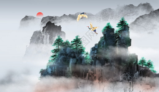 高山云水墨意境中国风设计图片