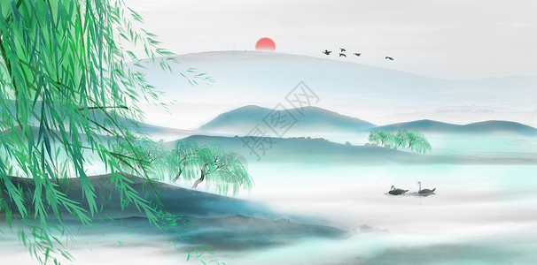 柳树环湖水墨春天背景设计图片
