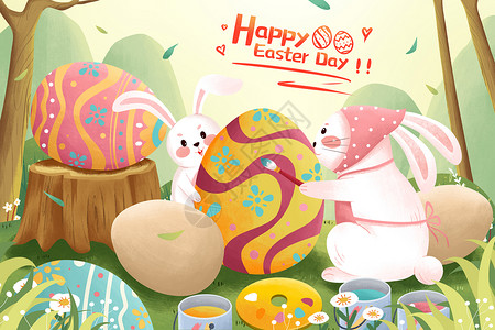 清新复活节兔子画彩蛋插画背景图片