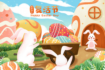 彩蛋和兔子清新复活节兔子与彩蛋插画插画