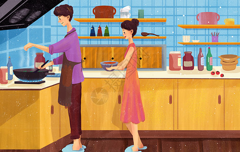 一副碗筷男生为女生做饭插画