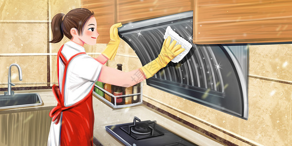 清洁厨房做家务的女人插画