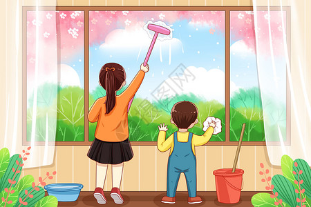 小孩做家务擦玻璃的孩子们插画