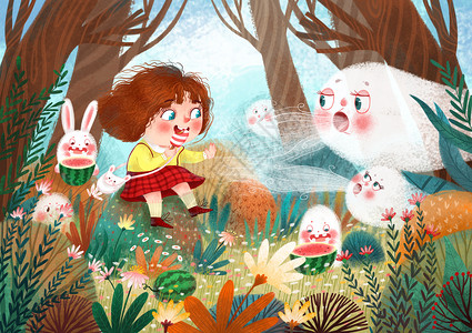夏季花草植物森林中的女孩和兔子插画