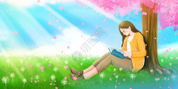 平板电脑场景女孩在树下安静读书场景插画