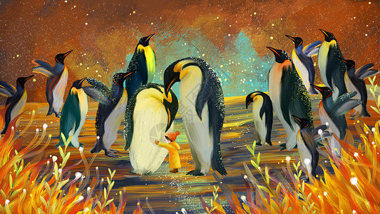 橙色地球动物企鹅手绘插画插画