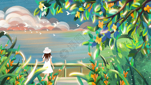 蓝色大树素材海边吹风的女孩儿插画