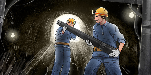 工人在拉货在矿井里辛苦干活的煤矿工人插画