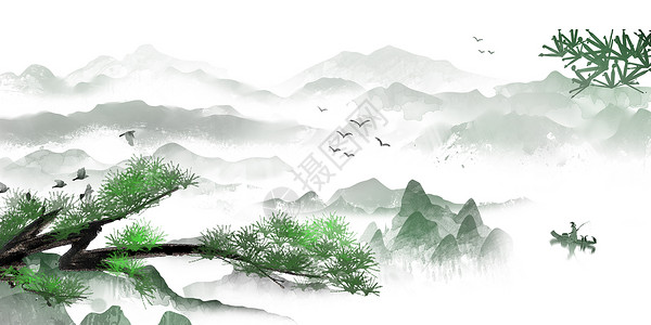 水墨松树中国风背景设计图片