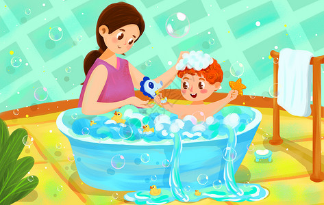 小朋友洗澡母亲给孩子洗澡插画