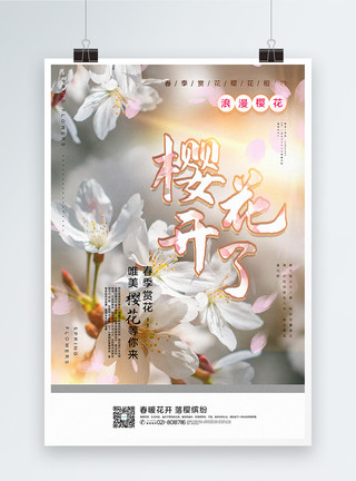 飘落樱花瓣白色写实风樱花开了宣传海报模板