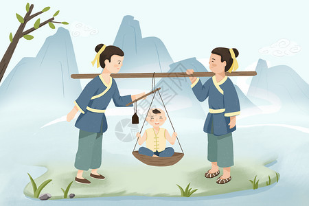 立夏秤人中国风古风立夏传统习俗称人手绘插画插画
