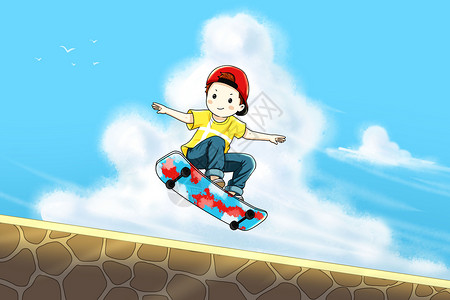 青年女性滑滑板动作滑滑板的男孩插画