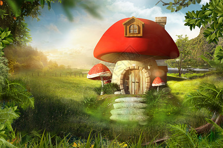 两个红色蘑菇梦幻森林设计图片