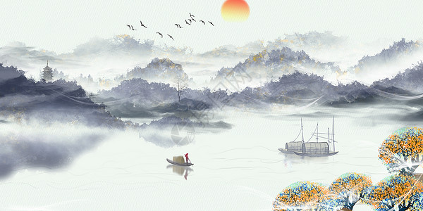 独木舟船中国风山水设计图片