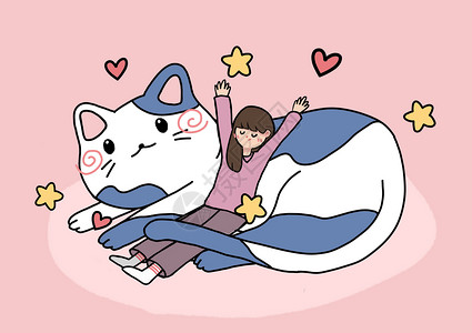 白衣服蓝猫女孩在猫咪怀里插画