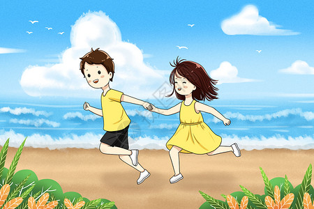 沙滩奔跑沙滩上奔跑的情侣插画
