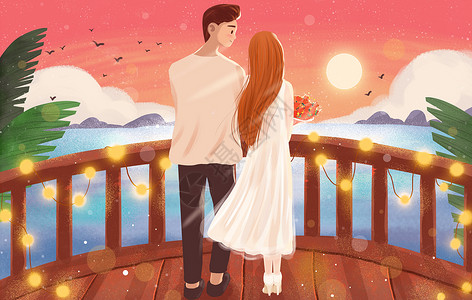 站在阳台上男人夕阳下一起看海的情侣插画