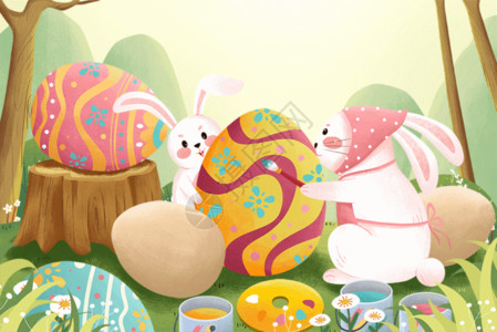 靠着彩蛋兔子清新春季画彩蛋插画GIF高清图片