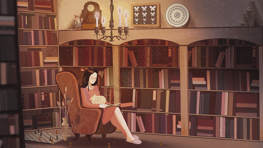 室内壁灯坐在书房里读书的女孩插画海报插画