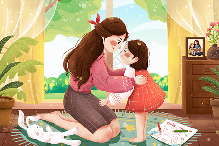快乐母女插画母亲节母亲与孩子拥抱插画插画