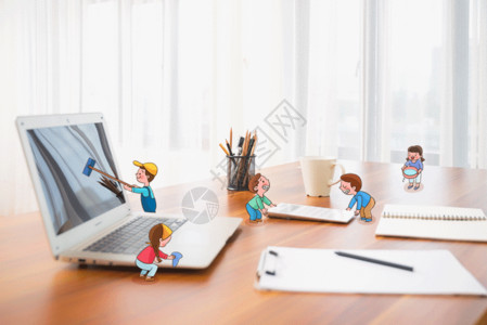 商务小人素材劳动节打扫办公桌创意插画GIF高清图片