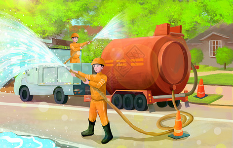 辛苦的清洁工人环卫工人用水枪冲洗城市街道插画