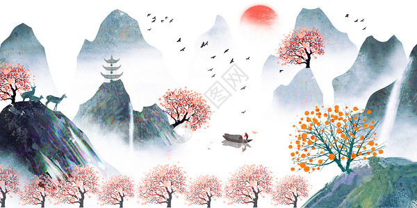 开花香樟树中国风背景设计图片