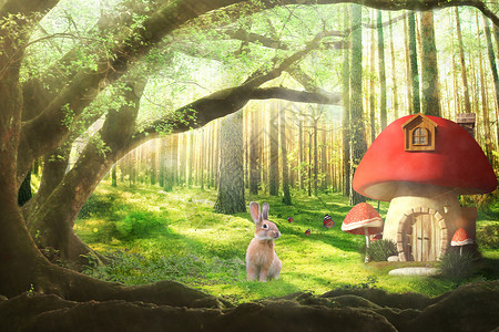 兔子采摘蘑菇梦幻森林设计图片