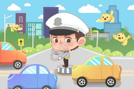 指挥城市指挥交通的警察插画