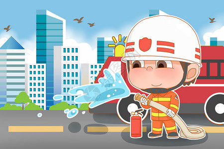 消防水灭火的消防员插画